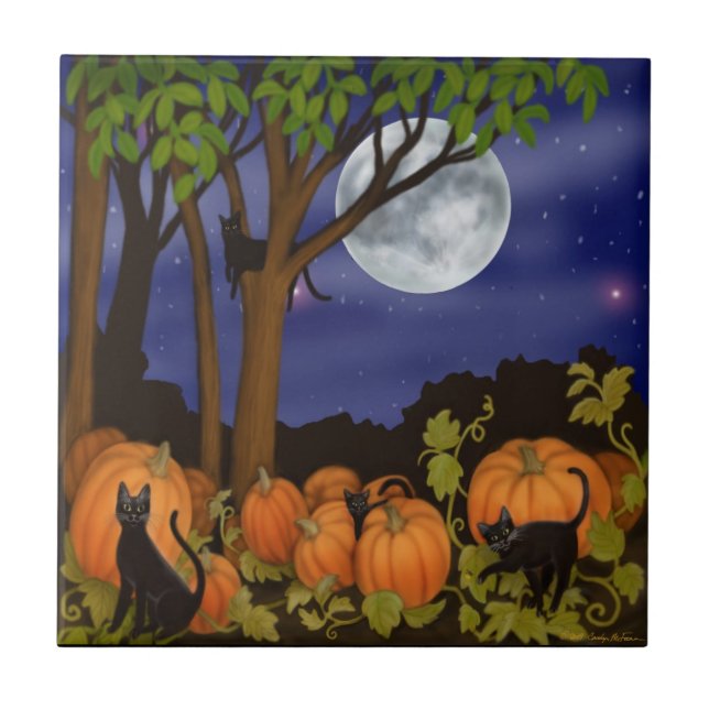 Black Cats in Pumpkin Patch Tile (Front)