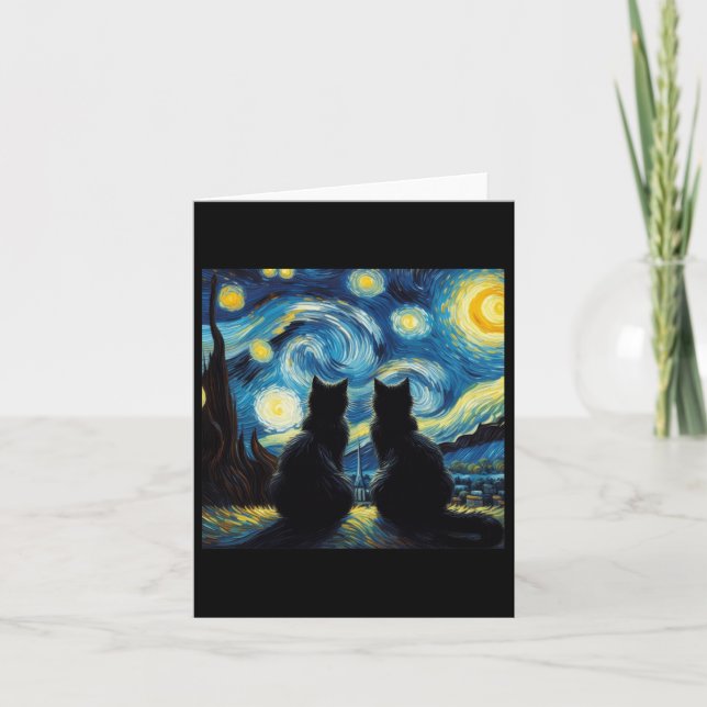 Black Cats Lover Starry Night Van Gogh Cat Mom Cat Card (Front)