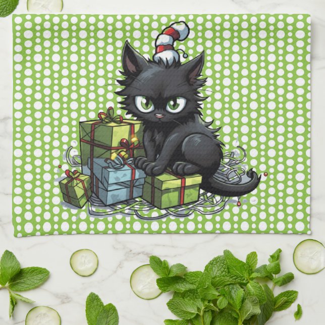 Black Cats Making Mischief Christmas  Kitchen Towel (Folded)