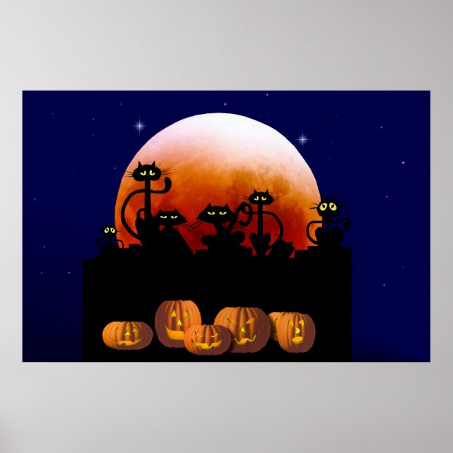 Black Cats, Moon, Pumpkins Poster (Front)