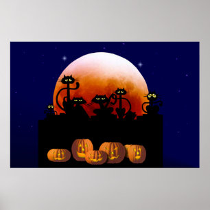 Black Cats, Moon, Pumpkins Poster
