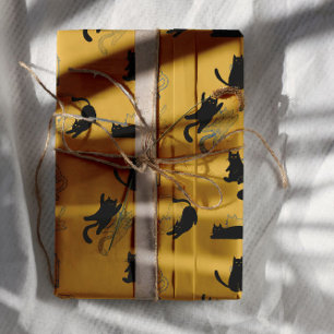 Black Cats on Mustard with Blue Outlines– Modern  Wrapping Paper Sheet