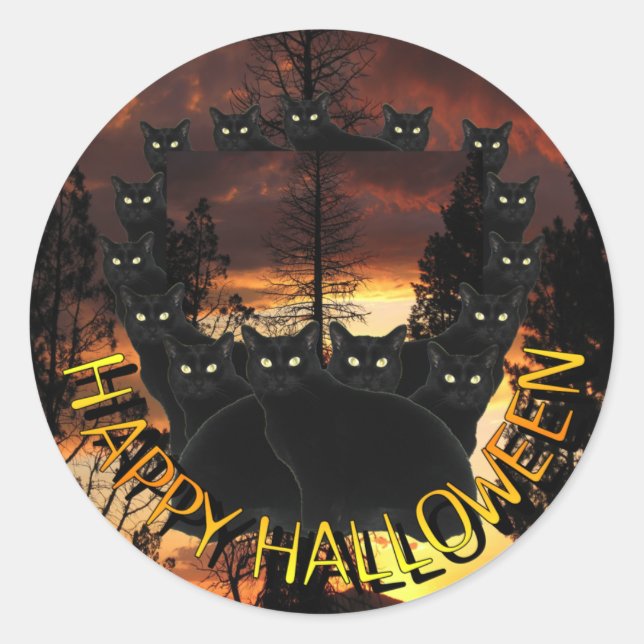 Black Cats On Patrol Halloween Stickers (Front)