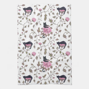 BLACK CATS ON PEONY FLOWERS - pink palette Kitchen Towel