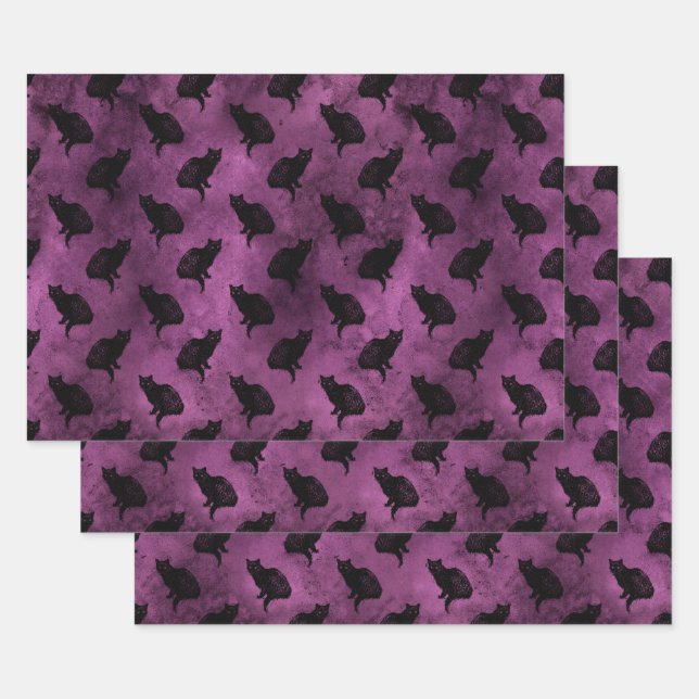 Black Cats on Purple Wrapping Paper Sheet (Set)