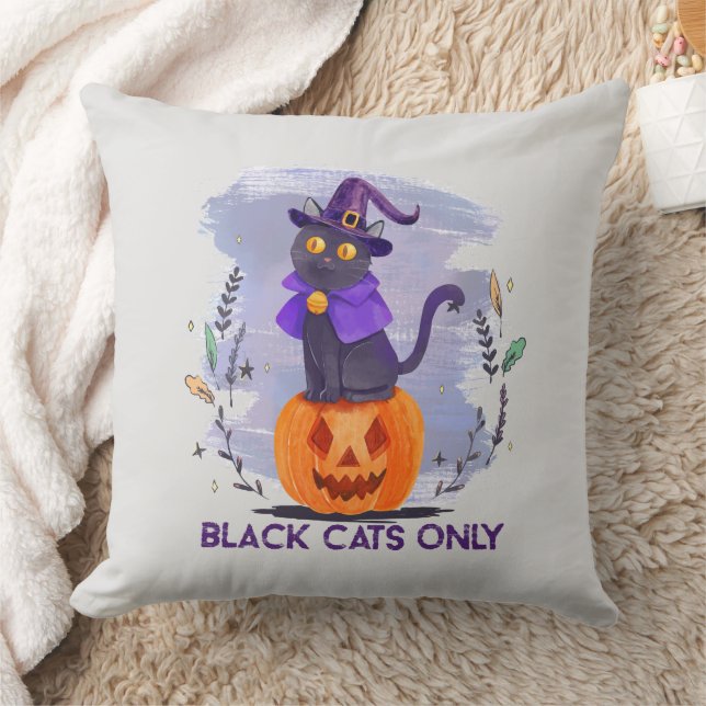 Black Cats Only – Witch Cat on Jack-O’-Lantern Throw Pillow (Blanket)