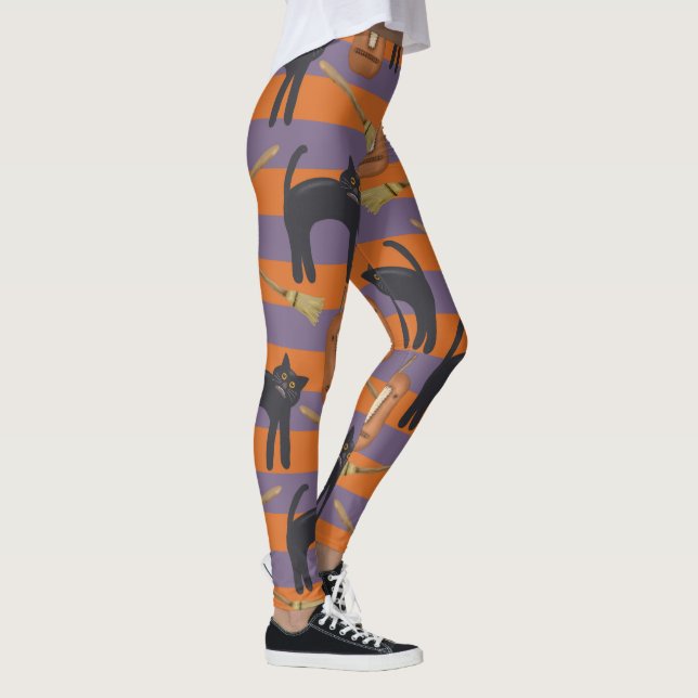 Black Cats, Orange and Purple Halloween Leggings (Right)