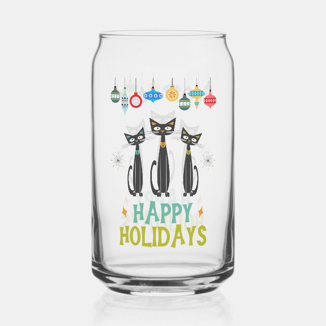 Black Cats & Ornaments Retro Mid Century Christmas Can Glass (Front)