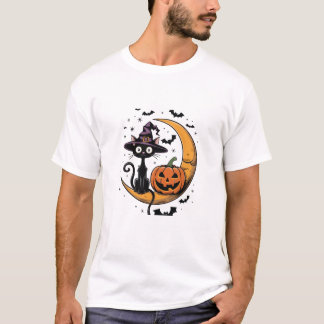 Black Cats Over Moon With Pumpkins Halloween T-Shirt