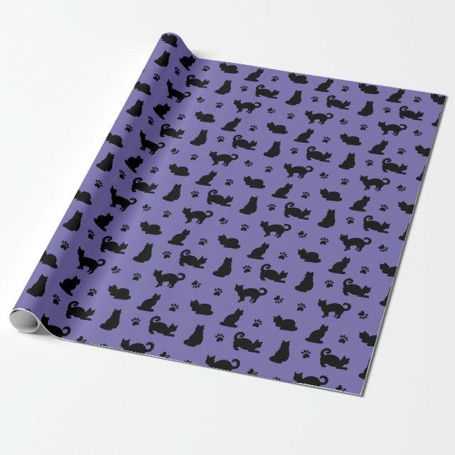 Black Cats Paw Prints Purple Wrapping Paper (Unrolled)