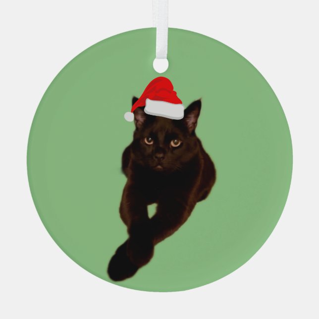 Black Cat's Photo Cutout with Santa Hat Green Glass Ornament (Back)