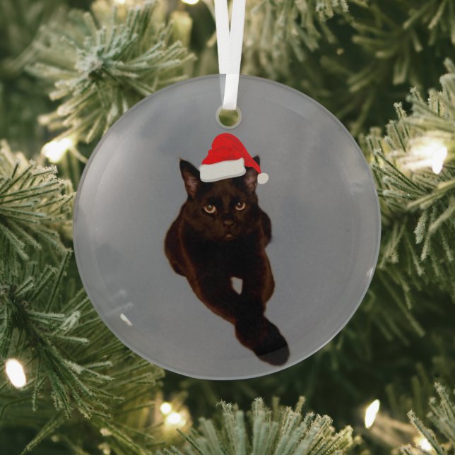 Black Cat's Photo Cutout with Santa Hat Grey Glass Ornament (Insitu)