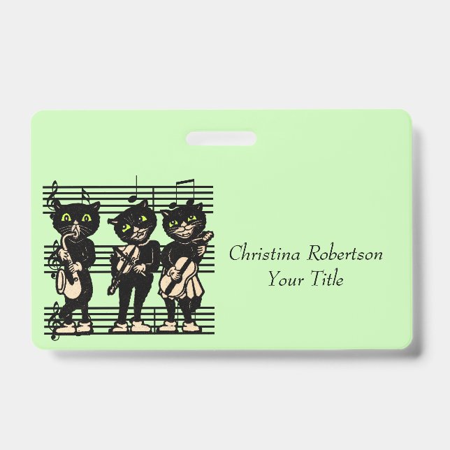 Black Cats Playing Music Sheet Musical Notes Green Badge (Front)