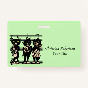 Black Cats Playing Music Sheet Musical Notes Green Badge