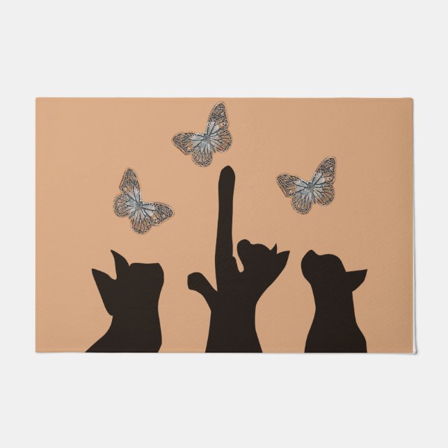  Black Cats Playing With Butterflies Cute Mat (Front)