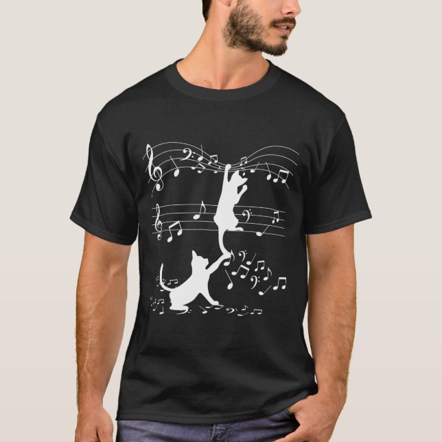 Black Cats Playing With Music Note Cat T-Shirt (Front)