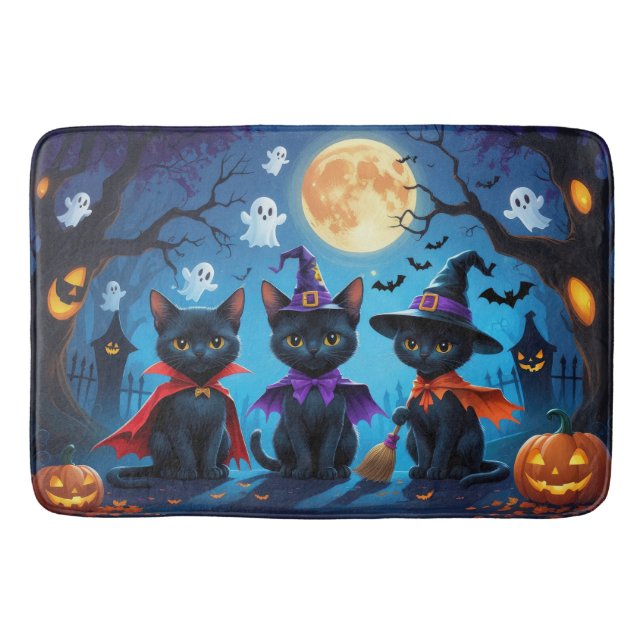 Black Cats Pumpkin Halloween Funny Bath Mat (Front)