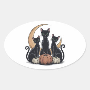 Black Cats Pumpkin Moon Whimsigothic Halloween Oval Sticker