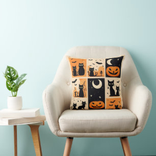 Black cats, pumpkins and bats for Halloween Throw Pillow