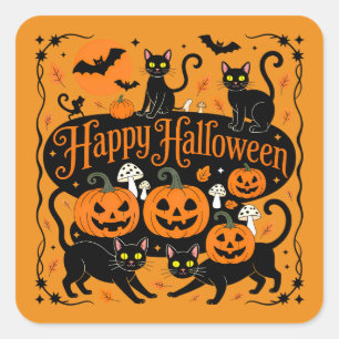 Black Cats Pumpkins and Bats Happy Halloween Square Sticker