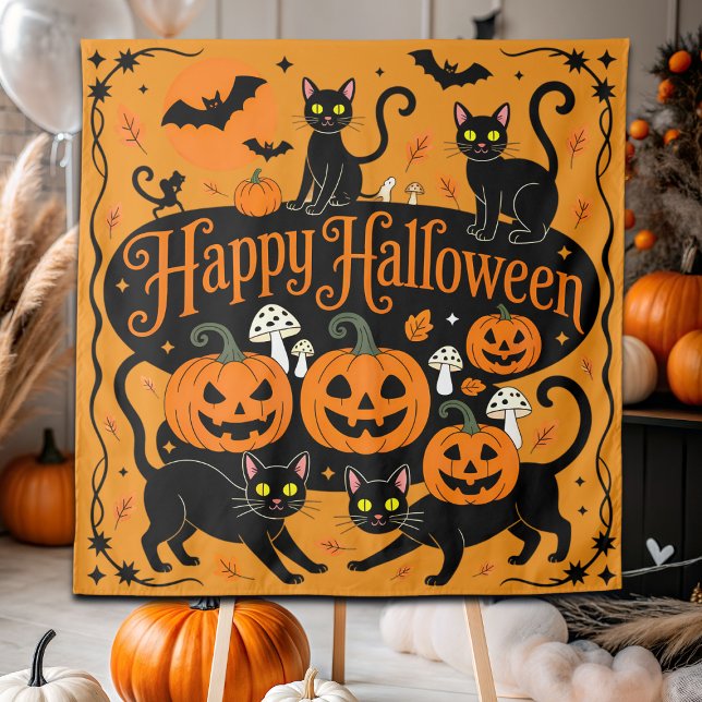 Black Cats Pumpkins and Bats Happy Halloween Tapestry (Creator Uploaded)
