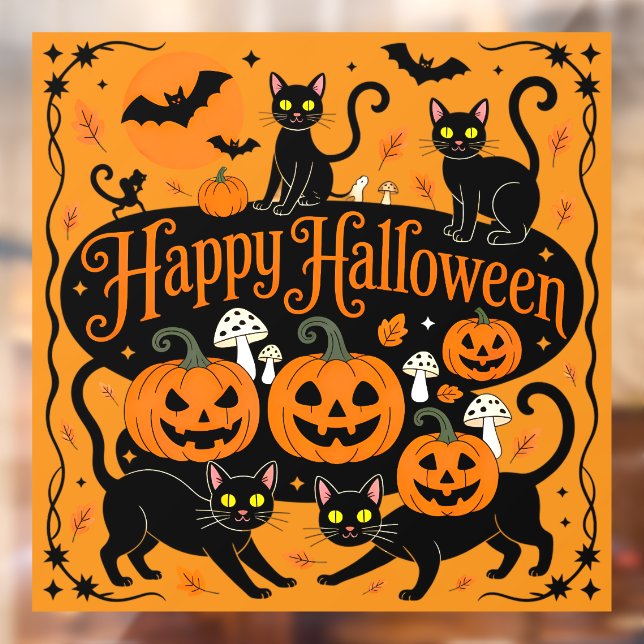 Black Cats Pumpkins and Bats Happy Halloween Window Cling (Sheet 2)