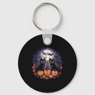 Black Cats Pumpkins Full Moon Halloween Cat Lover  Keychain