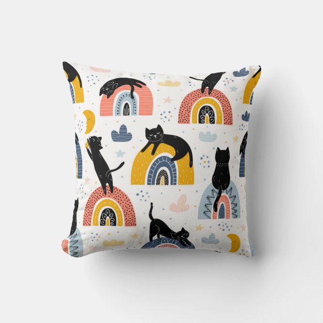 Black Cats Rainbows Fantasy Pattern Throw Pillow (Front)