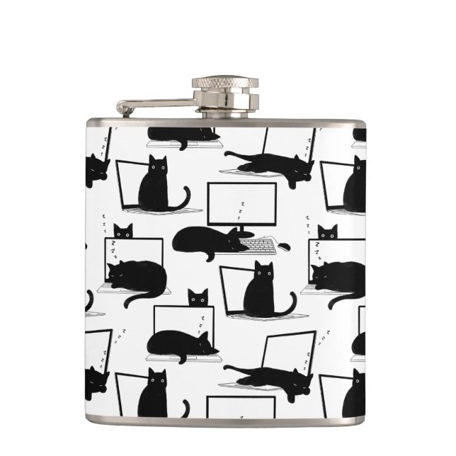 Black Cats Sitting on Laptops Pattern Hip Flask (Front)