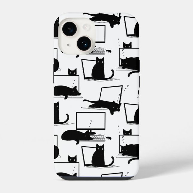 Black Cats Sitting on Laptops Pattern iPhone Case (Back)