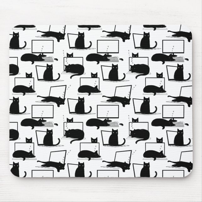 Black Cats Sitting on Laptops Pattern Mouse Pad (Front)