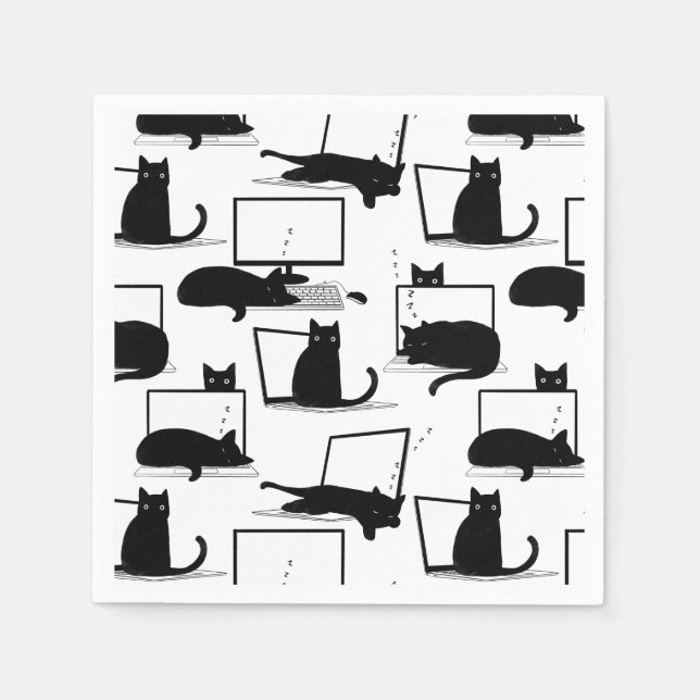 Black Cats Sitting on Laptops Pattern Napkin (Front)