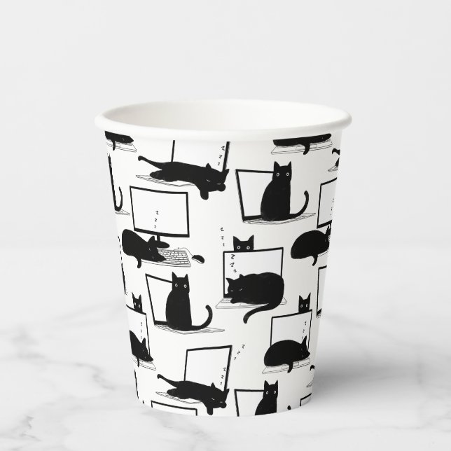 Black Cats Sitting on Laptops Pattern Paper Cups (Front)