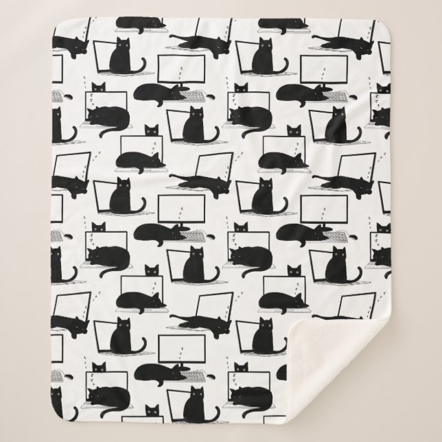 Black Cats Sitting on Laptops Pattern Sherpa Blanket (Front)