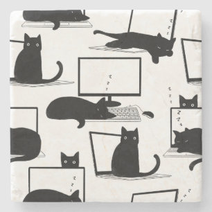 Black Cats Sitting on Laptops Pattern Stone Coaster