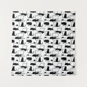 Black Cats Sitting on Laptops Pattern Tapestry