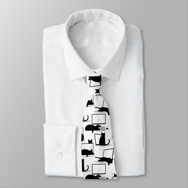 Black Cats Sitting on Laptops Pattern Tie (Tied)