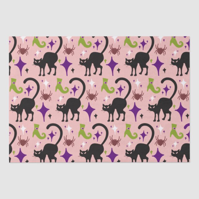 Black Cats Spiders Lime Witch's Boots Halloween Tissue Paper (Front)