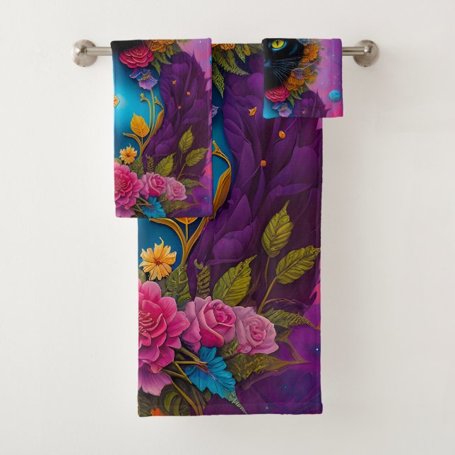 Black cats surrounded by flowers bath towel set (Insitu)