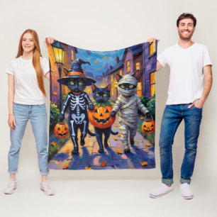 Black Cats Trick-or-Treating in Halloween Costumes Fleece Blanket