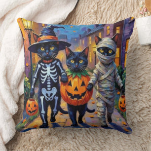 Black Cats Trick-or-Treating in Halloween Costumes Throw Pillow