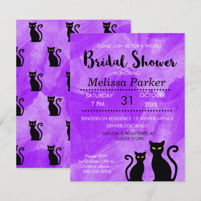 Black Cats Witchy Halloween Bridal Shower Party Invitation (Front/Back)
