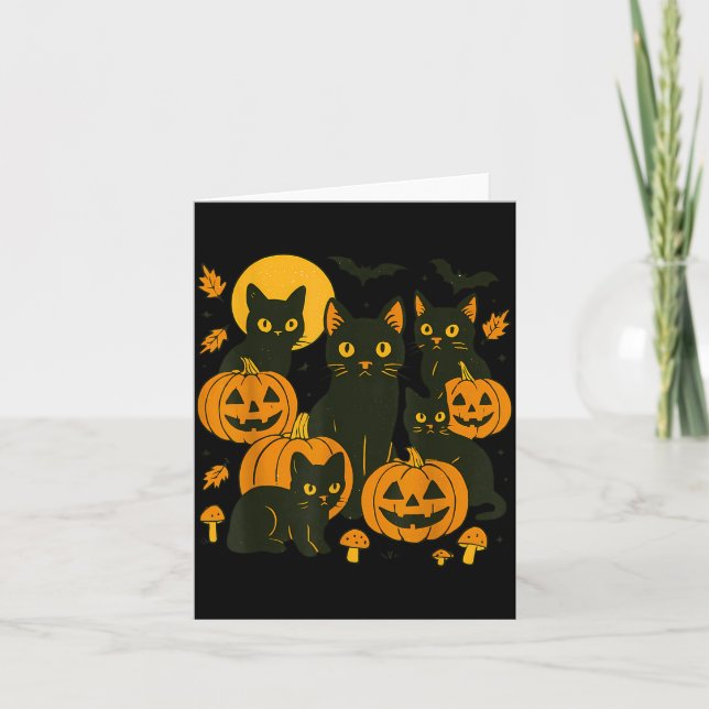 Black Cats With Jack O Lanterns Moon And Bats Card (Front)