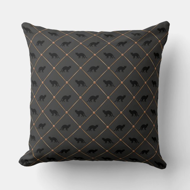 BLACK CATS WITH ORANGE DIAMOND PATTERN THROW PILLOW (Front)