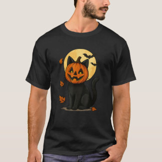 Black Cats with Pumpkin Mask under Full Moon on Ha T-Shirt