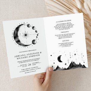 Black Celestial Crescent Moon Phases Wedding Invitation
