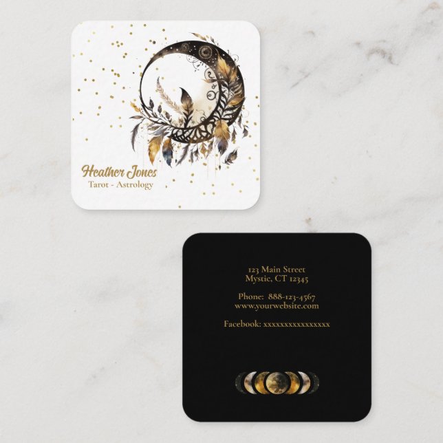 Black celestial moon with gold feathers square business card (Front/Back)