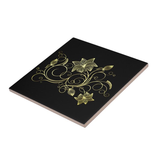 Black Ceramic Tile with Gold Flowers Choose Colour (Side)