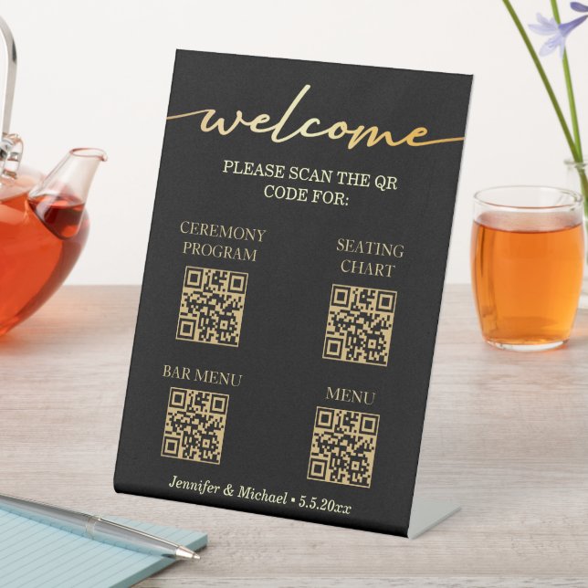 black  ceremony&seating chart&bar menu qr code  pedestal sign (In SItu)