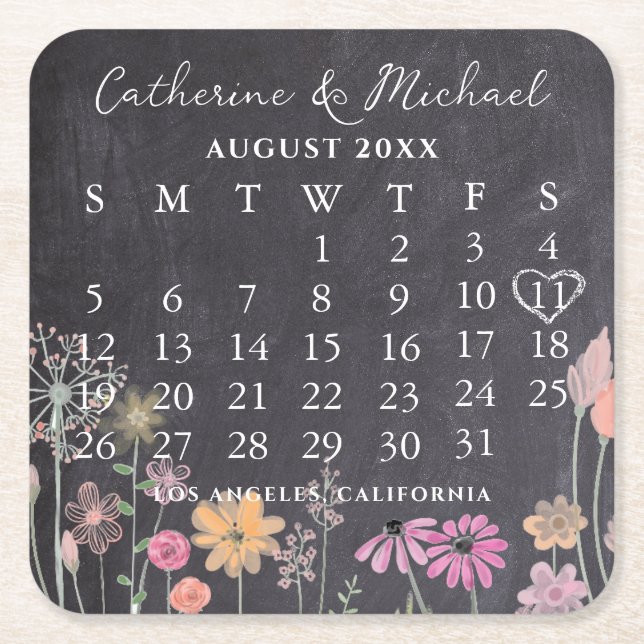 Black Chalk Board Photo Date Calendar  Square Paper Coaster (Front)